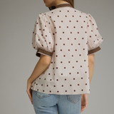Polka Dot Contrast Trim Puff Sleeve Top