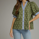 Polka Dot Contrast Trim Puff Sleeve Top