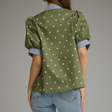 Polka Dot Contrast Trim Puff Sleeve Top
