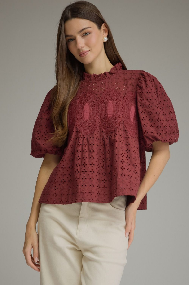 Eyelet & Crochet Trim Puff Sleeve Top
