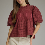Eyelet & Crochet Trim Puff Sleeve Top