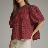 Eyelet & Crochet Trim Puff Sleeve Top