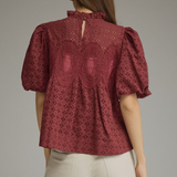 Eyelet & Crochet Trim Puff Sleeve Top