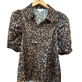 Silky Leopard Print Puff Sleeve Button-Up Top