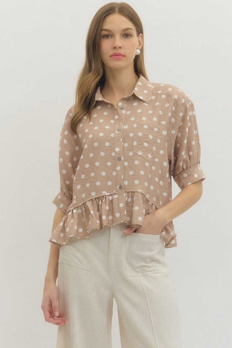 Polka Dot Ruffle Hem Button Front Top