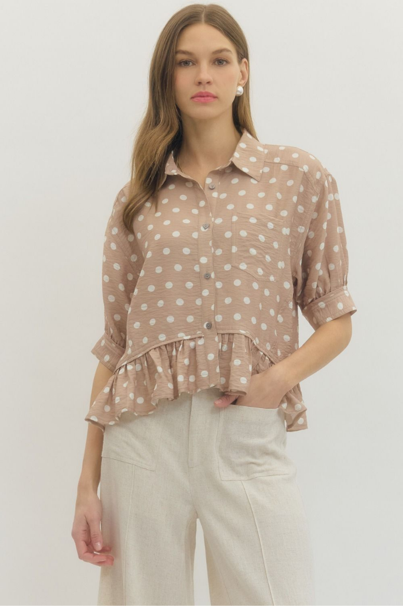 Polka Dot Ruffle Hem Button Front Top