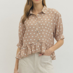 Polka Dot Ruffle Hem Button Front Top