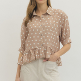 Polka Dot Ruffle Hem Button Front Top