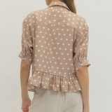 Polka Dot Ruffle Hem Button Front Top