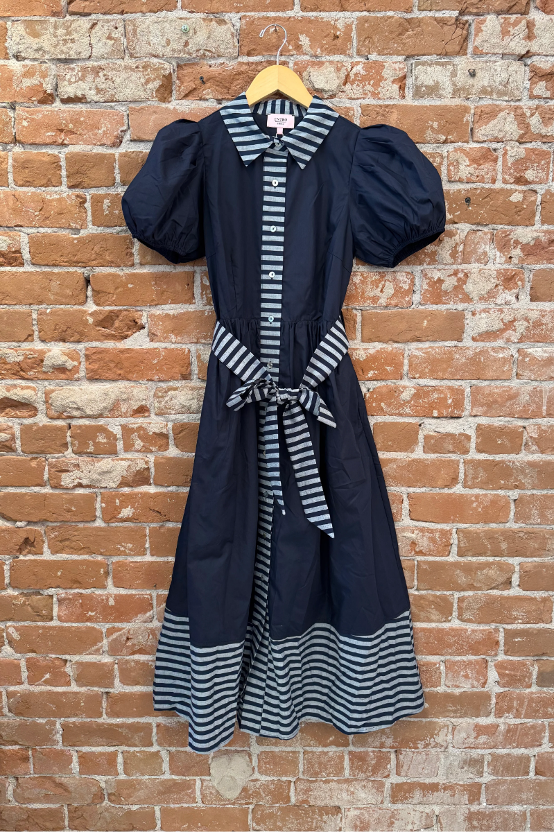 Button Front Striped Hem Midi Dress