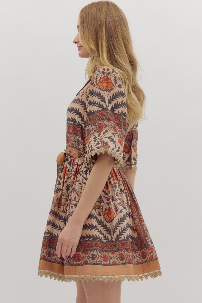 Botanical Print Puff Sleeve Mini Dress