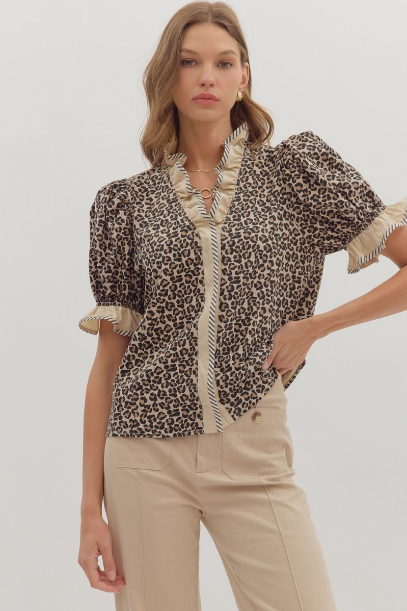 Leopard Print Puff Sleeve Top + Ruffled Neckline