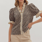 Leopard Print Puff Sleeve Top + Ruffled Neckline