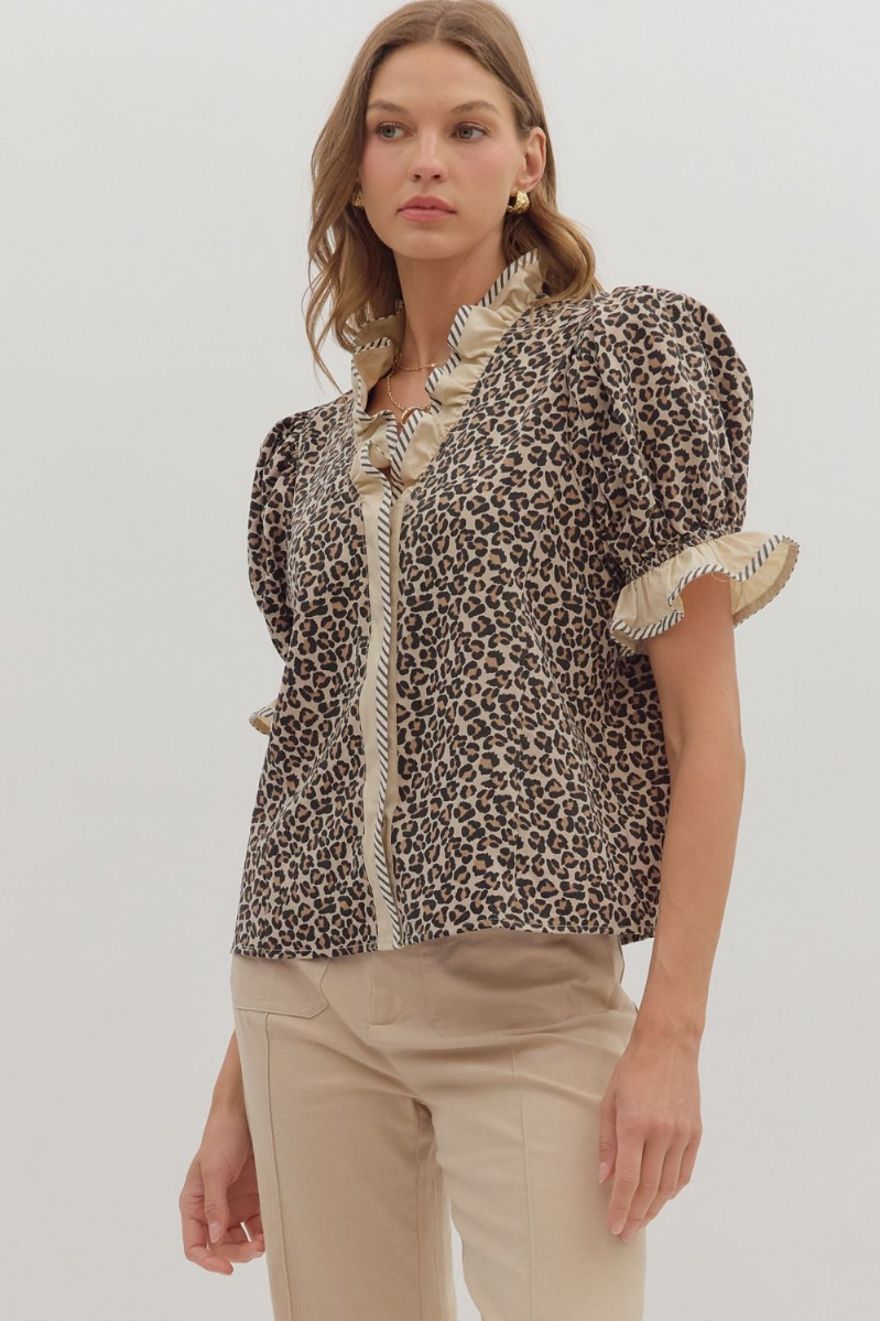Leopard Print Puff Sleeve Top + Ruffled Neckline