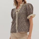 Leopard Print Puff Sleeve Top + Ruffled Neckline