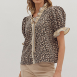 Leopard Print Puff Sleeve Top + Ruffled Neckline
