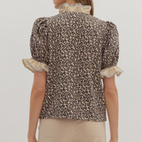 Leopard Print Puff Sleeve Top + Ruffled Neckline