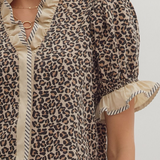 Leopard Print Puff Sleeve Top + Ruffled Neckline