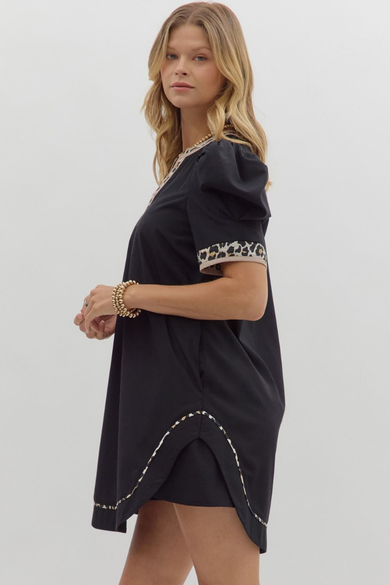 Pleated Puff Sleeve Mini Dress + Leopard Detail
