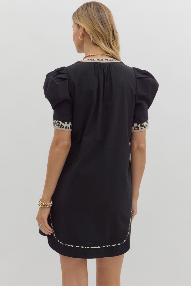 Pleated Puff Sleeve Mini Dress + Leopard Detail