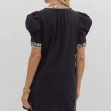 Pleated Puff Sleeve Mini Dress + Leopard Detail