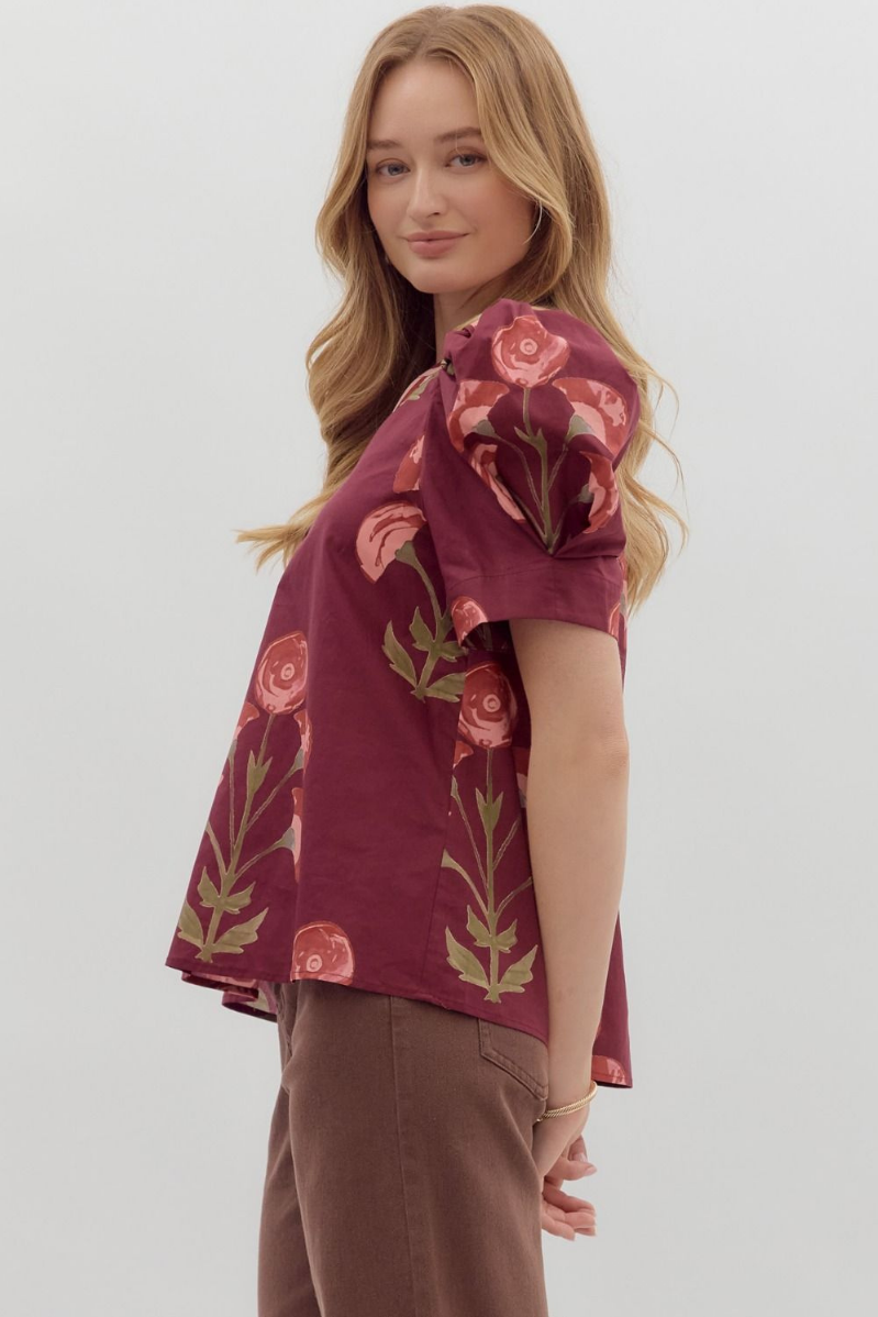 Floral Print Structured Shoulder Puff Top