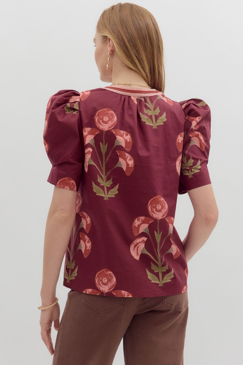 Floral Print Structured Shoulder Puff Top