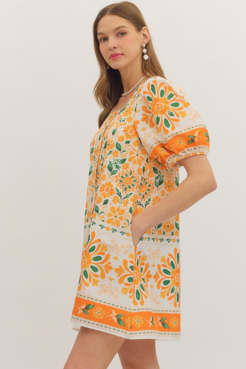 floral print puff sleeve mini dress Cream Floral Print Puff Sleeve Cotton Mini Dress