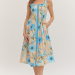 Woman wearing a floral dress with blue flowers on a white background