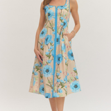 Woman wearing a floral dress with blue flowers on a white background
