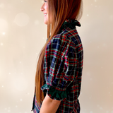 Plaid Puff Sleeve Top + Contrast Ruffle Trim