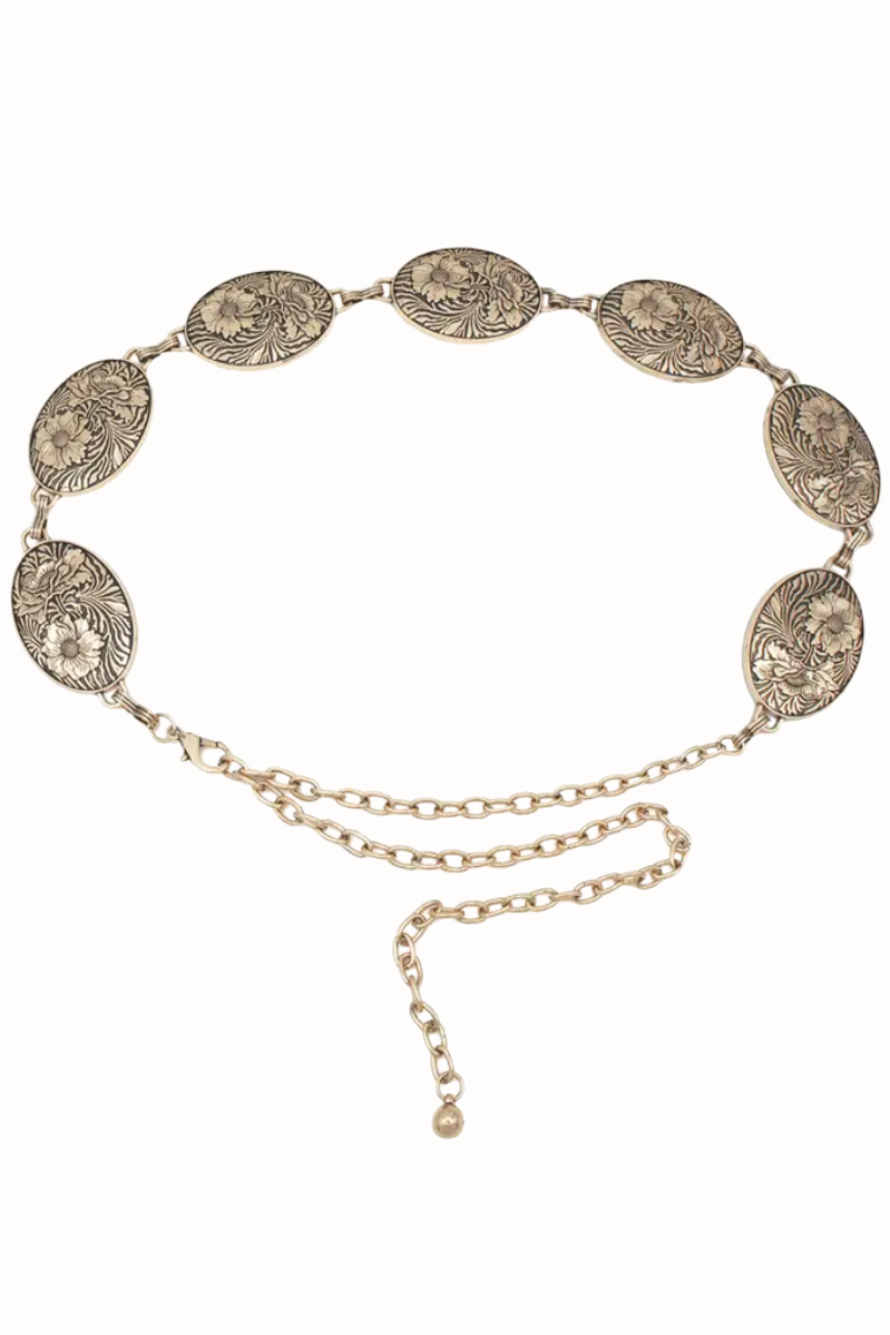 Flower Embossed Concho Chain Belt | Gold