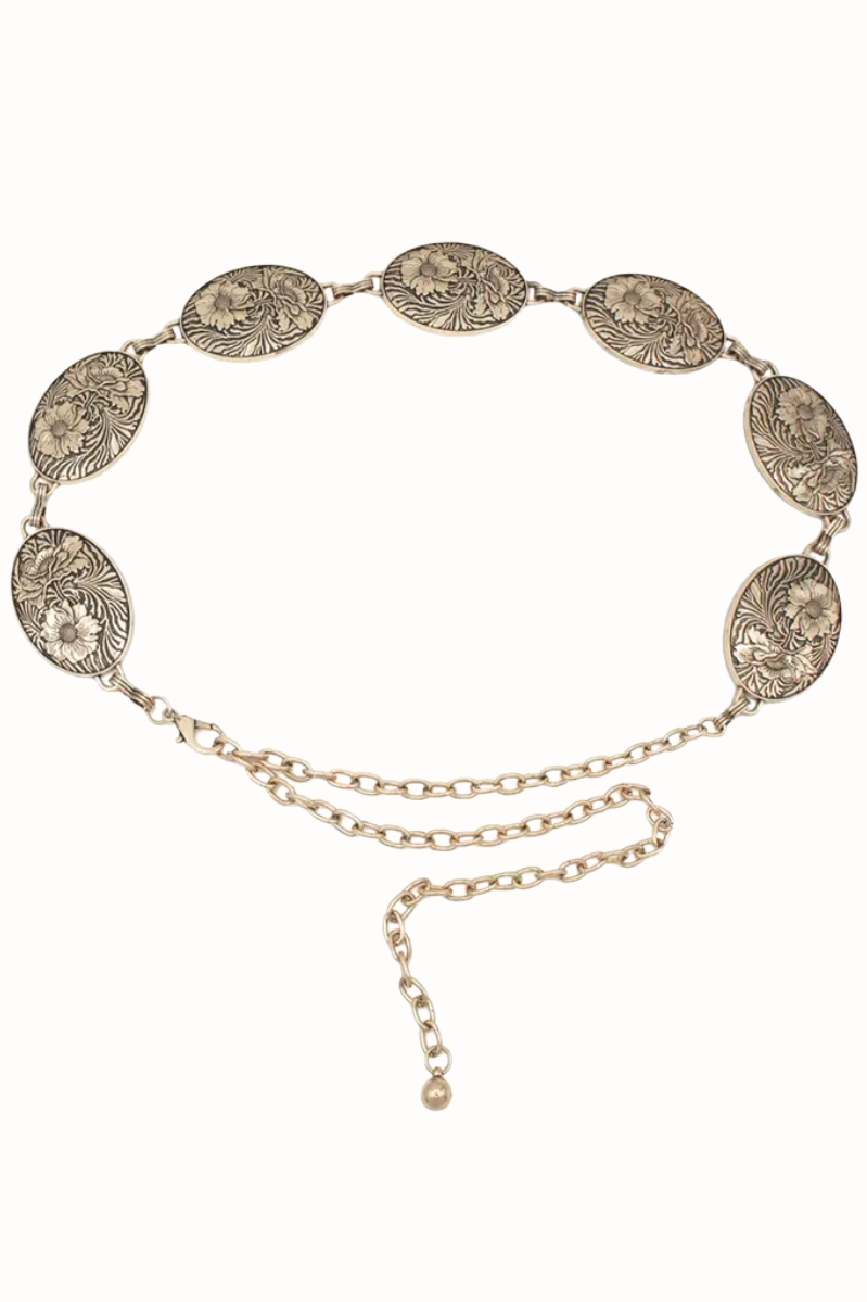 Flower Embossed Concho Chain Belt | Gold