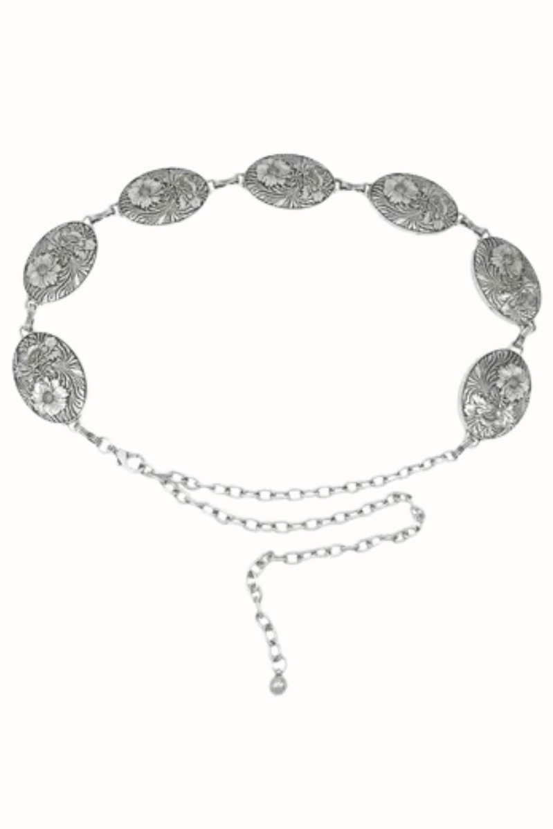 Flower Embossed Concho Chain Belt | Silver