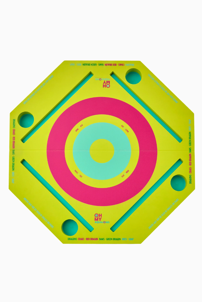 Colorful target-like board with concentric circles on a white background. Made to be a Mahjong Tiles board that floats in your pool. Green Aqua Jong Pool Mat | Oh My Mahjong
