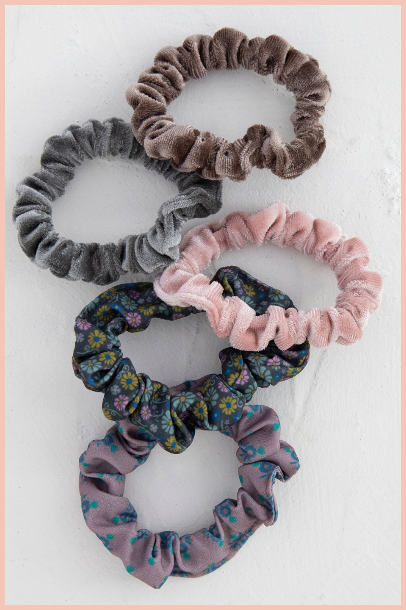 Print & Velvet Scrunchies, Set of 5 | Natural Life | Grey