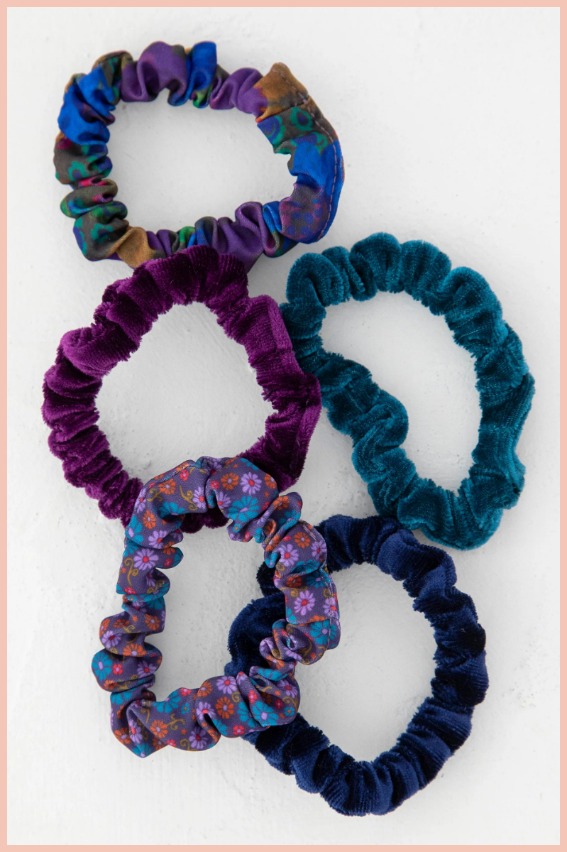 Print & Velvet Scrunchies, Set of 5 | Natural Life | Navy