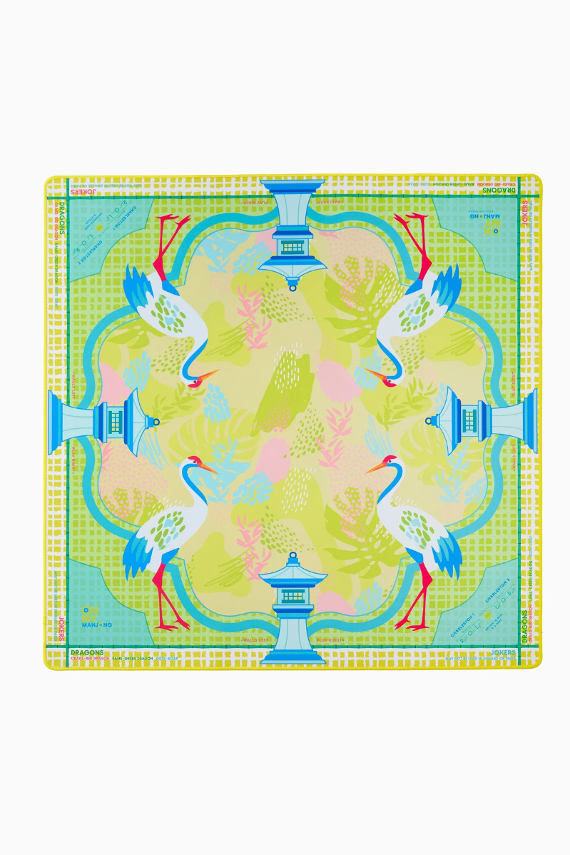 Colorful game mat with bird and pagoda design on a white background. Hampton Mat in Tube | Oh My Mahjong