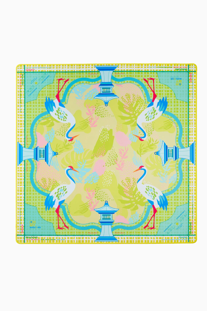 Colorful game mat with bird and pagoda design on a white background. Hampton Mat in Tube | Oh My Mahjong