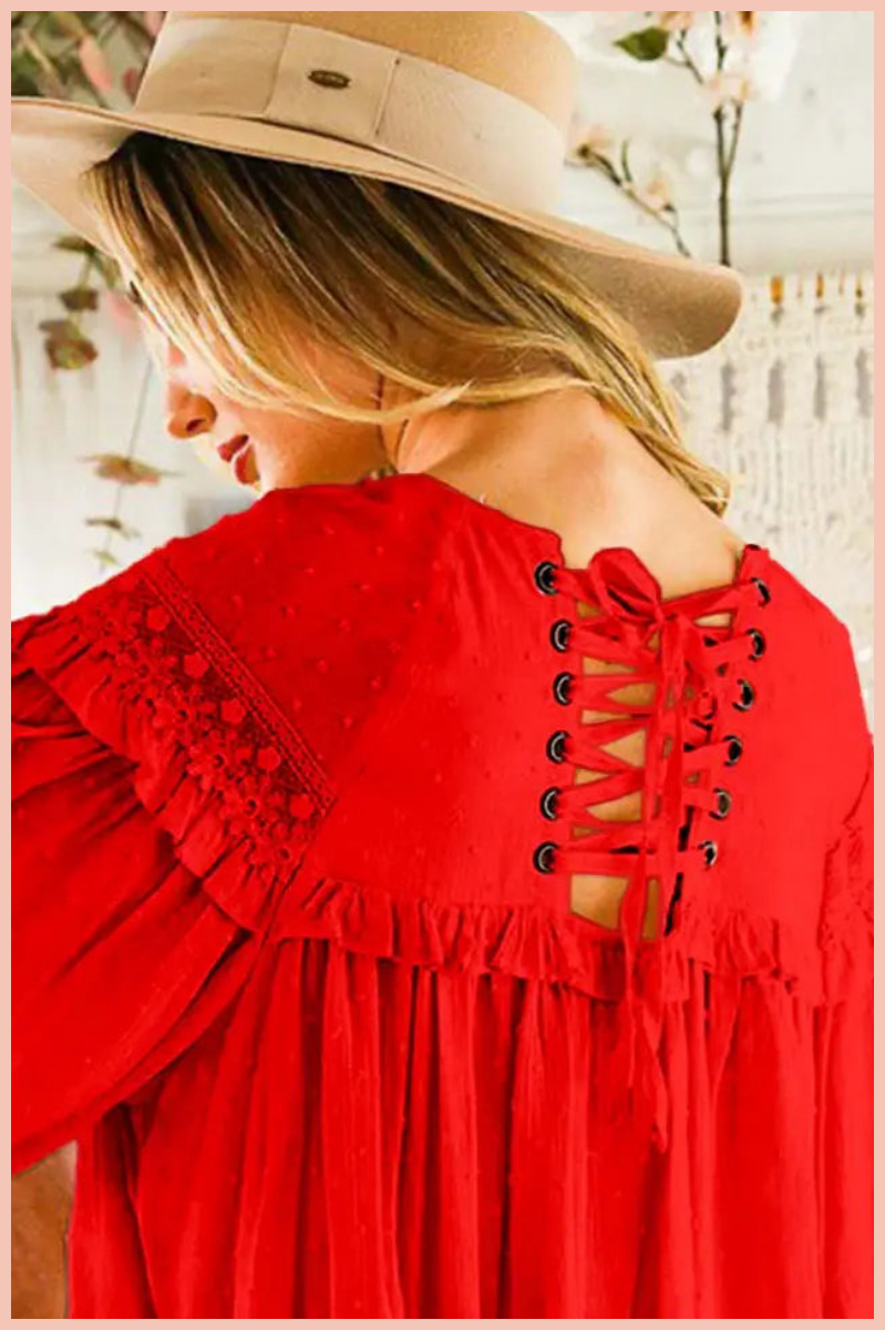 LACE-UP BACK DETAIL BLOUSE | RED