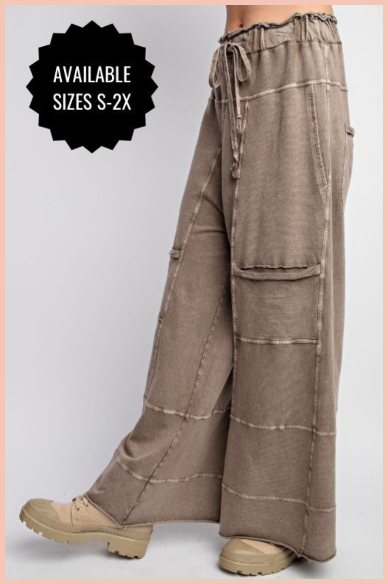 MINERAL WASH TERRY KNIT WIDE PANTS | MOCHA | CURVY