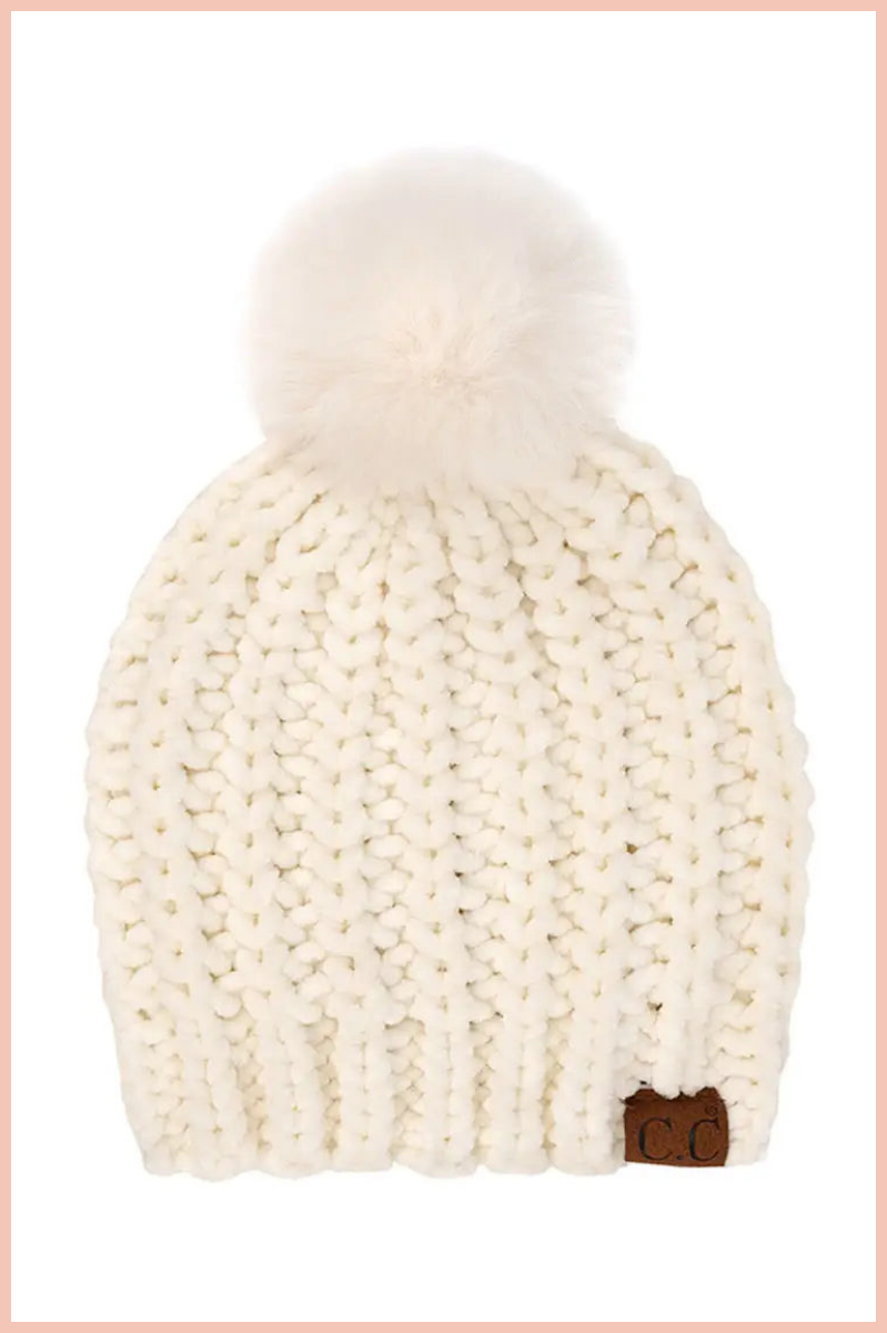 C.C. SOFT CHENILLE CHUNKY YARN POM BEANIE | IVORY