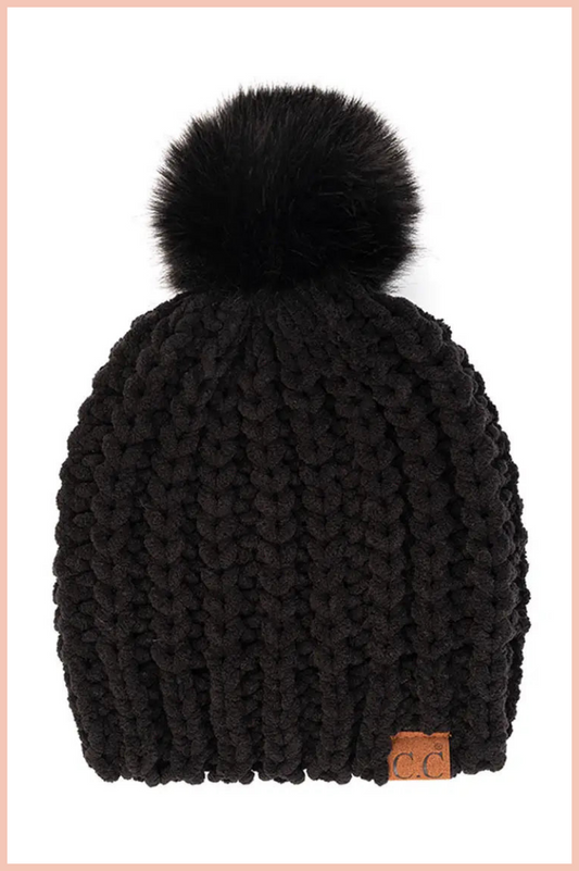 C.C. SOFT CHENILLE CHUNKY YARN POM BEANIE | BLACK