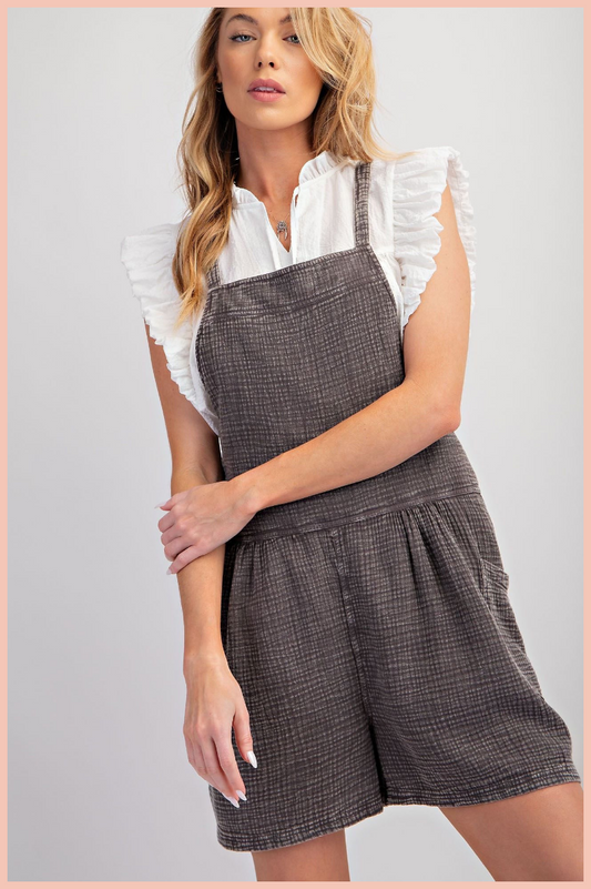 MINERAL WASHED COTTON GAUZE SHORT OVERALLS | ASH