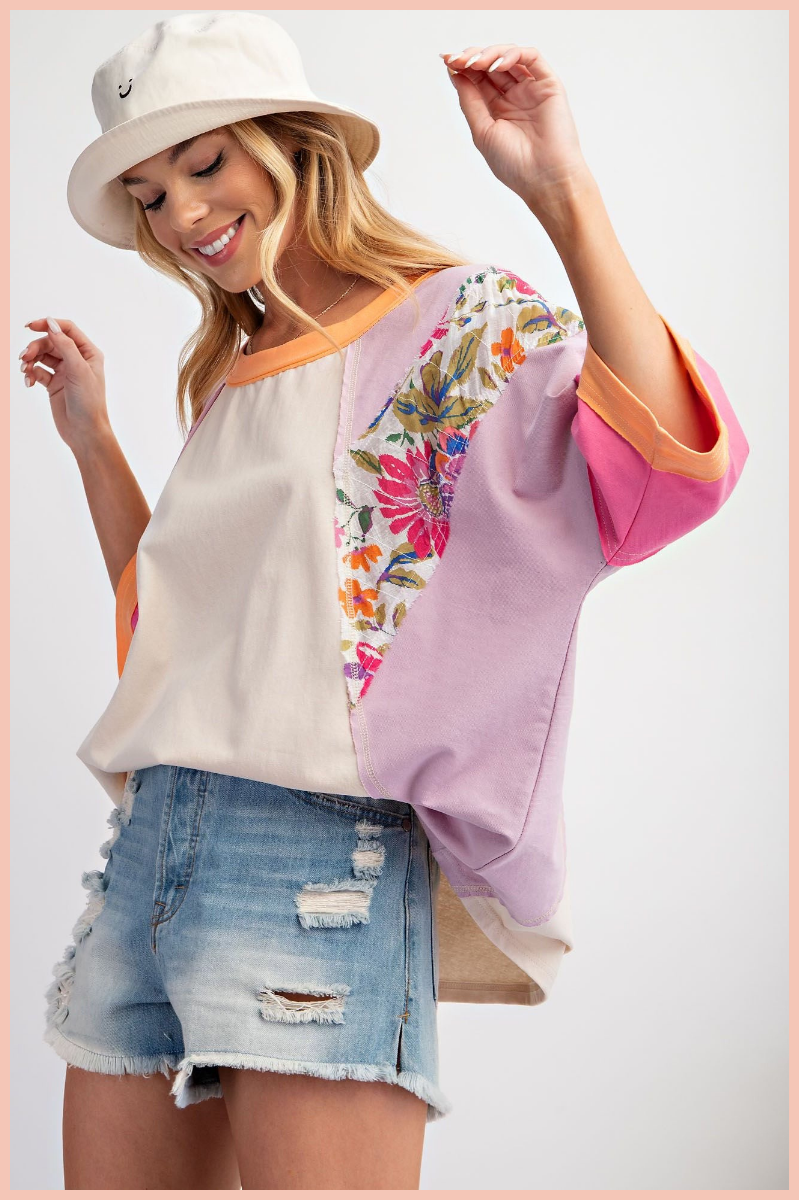 Oversized Colorblock + Floral Detail Top