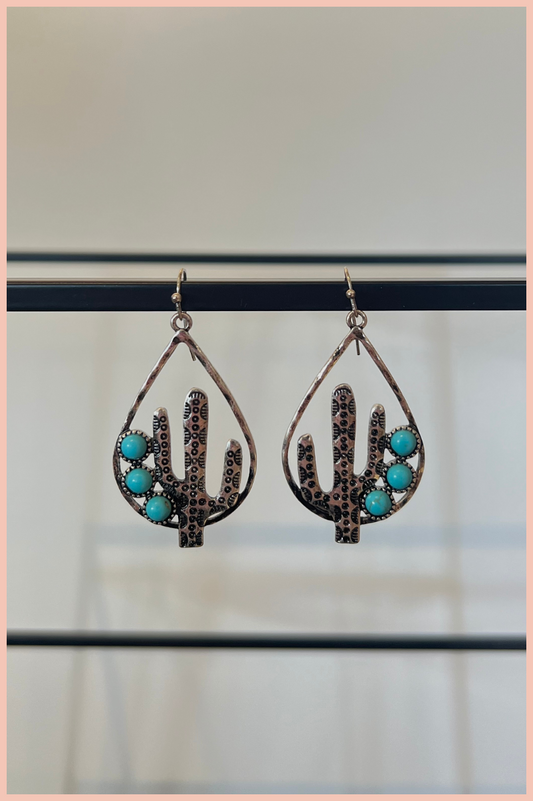 CACTUS HOOP WITH TURQUOISE DETAIL EARRINGS | SILVER