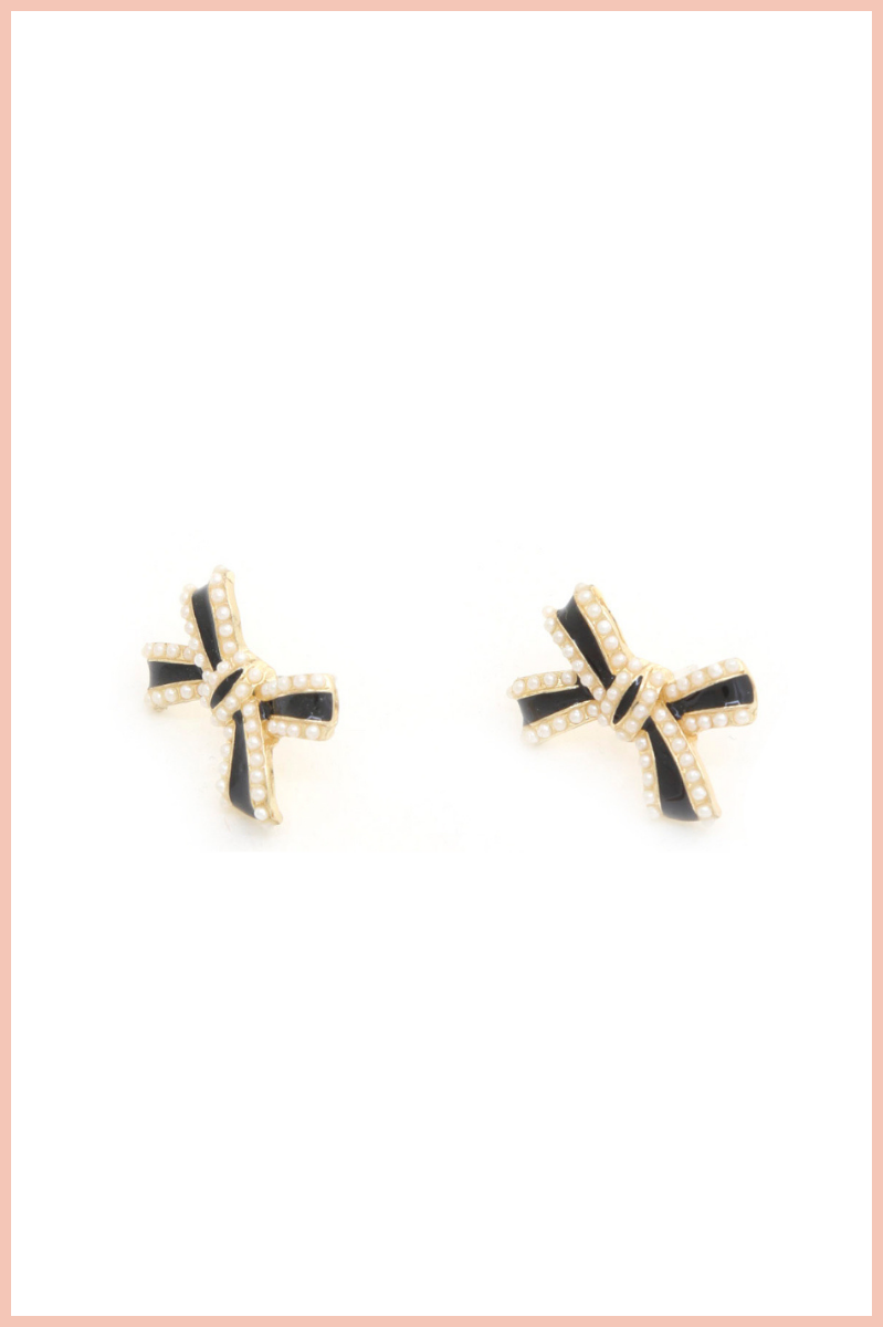 MINI PEARLS ON BOW POST EARRINGS | GOLD/BLACK