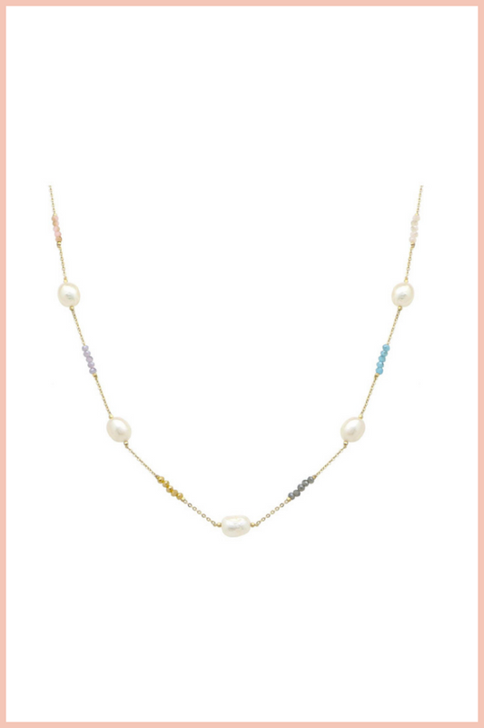 CRYSTAL AND PEARL STATION NECKLACE | GOLD