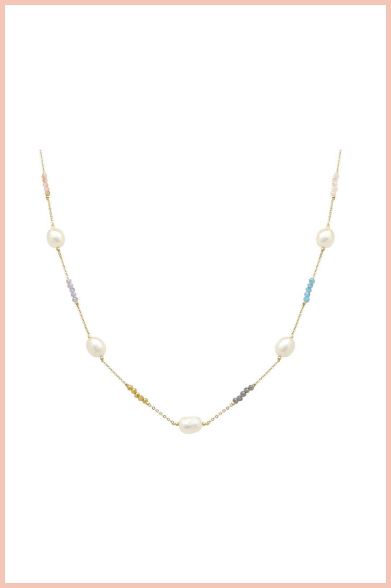 Crystal + Pearl Station Necklace | Gold