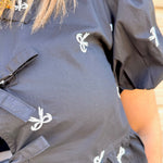 Front Tie Bow Embroidered Blouse Top | Black + White Bows